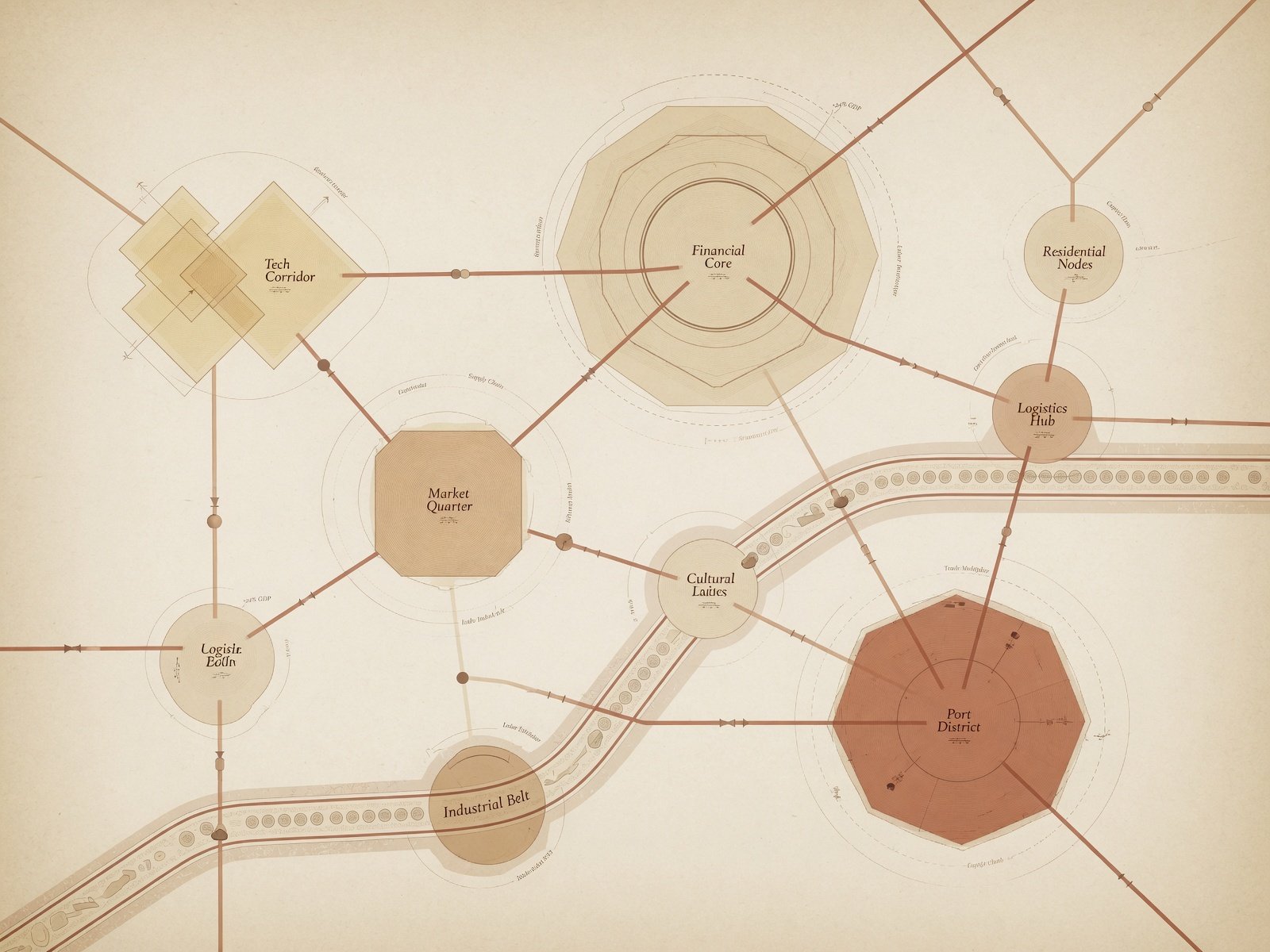 Network diagram of interconnected urban economic nodes